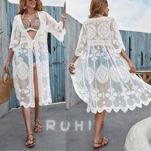 White Lace Cover Up Kimono, Boho Beach Robe Cover Up,tie Front Sheer Mesh Kimono
